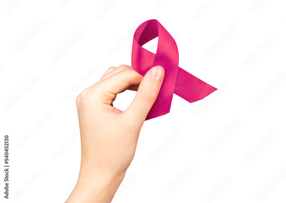 Hand holding pink fabric ribbon isolated on white background Hand holding pink fabric ribbon isolated on white background