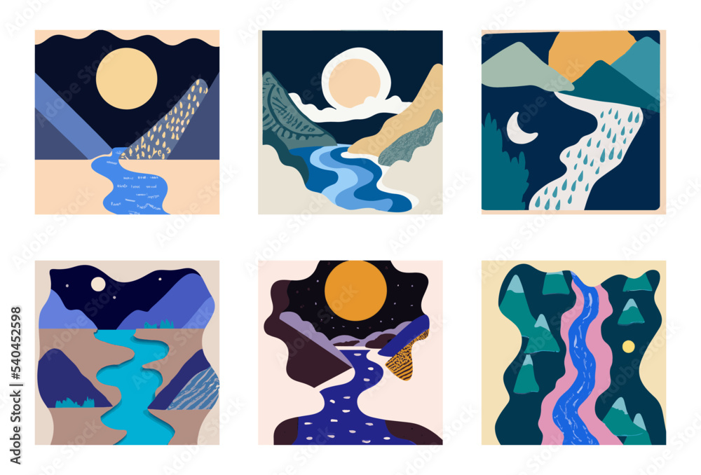 Illustration in Scandinavian style. beautiful background. Flat abstract design. Mountain view, river view. Mountains, clouds, sun, moon. Vector illustrations.
