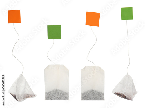 Set with different tea bags on white background photo