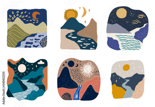 Illustration in Scandinavian style. beautiful background. Flat abstract design. Mountain view, river view. Mountains, clouds, sun, moon. Vector illustrations.
