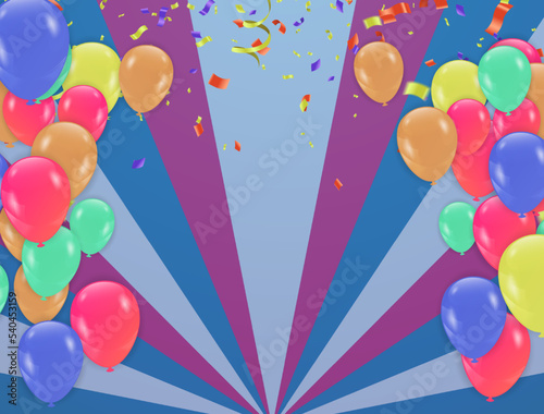 Grand opening card design with balloons ..... and ..... ribbon with confetti, Multicolored Anniversary Illustration