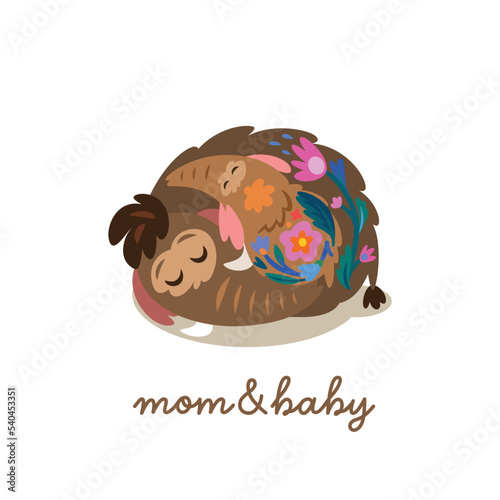 Mother mammoth sleeping with her baby. Cartoon logotype. Vector illustration