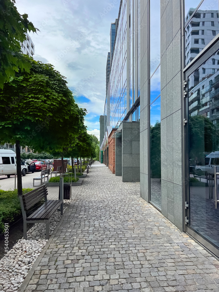 Sidewalk between modern buildings and trees along road in city
