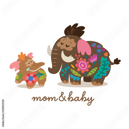 Baby mammoth is playing with mom. Sweet logotype
