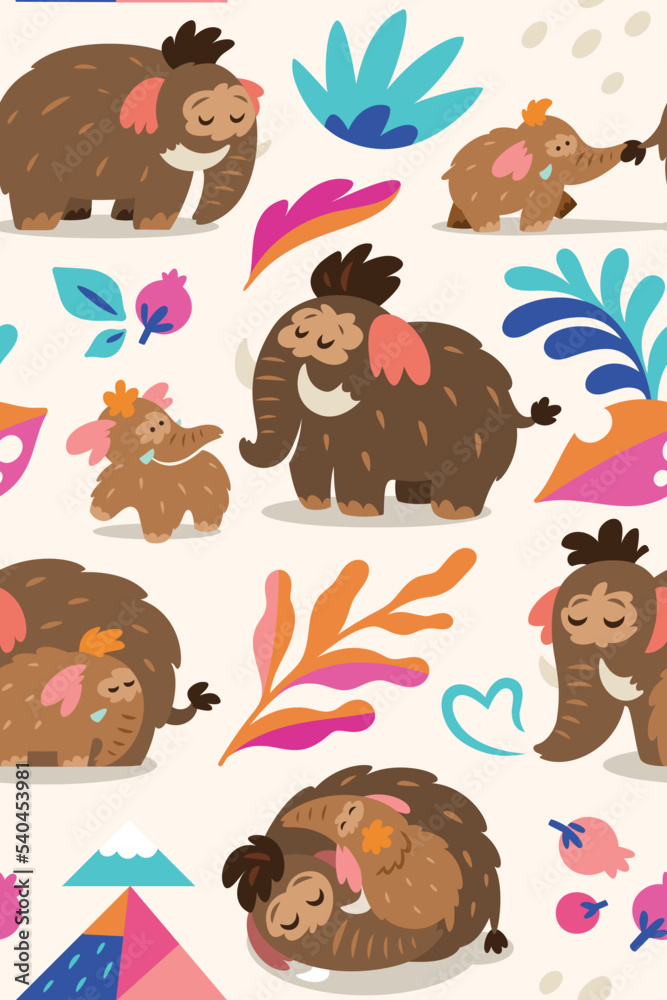 Fototapeta premium Lovely seamless pattern with baby mammoth following her mom among mountains, leaves and berries