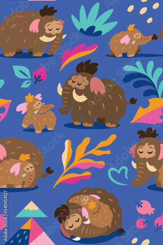 Fototapeta Naklejka Na Ścianę i Meble -  Lovely seamless pattern with baby mammoth following her mom among mountains, leaves and berries