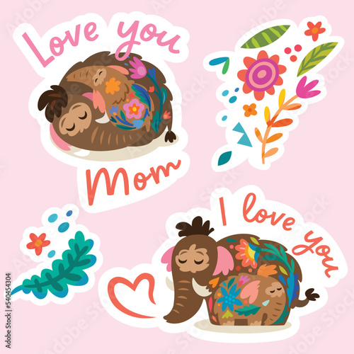 Lovely stickers set. Baby mammoth following her mom with floral inside. Sweet vector illustration