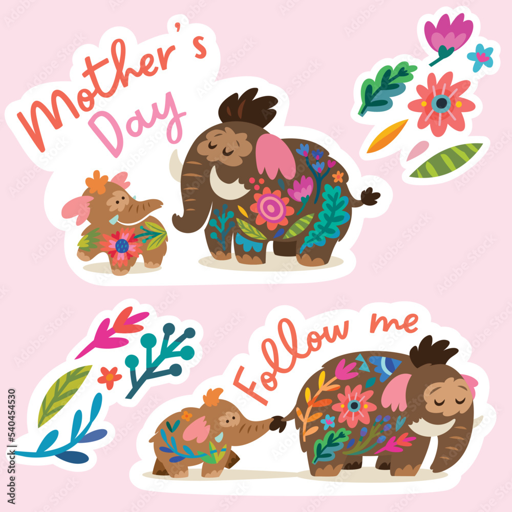 Obraz premium Lovely stickers set. Baby mammoth following her mom with floral inside. Sweet vector illustration