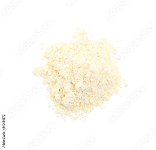 Pile of corn flour isolated on white, top view