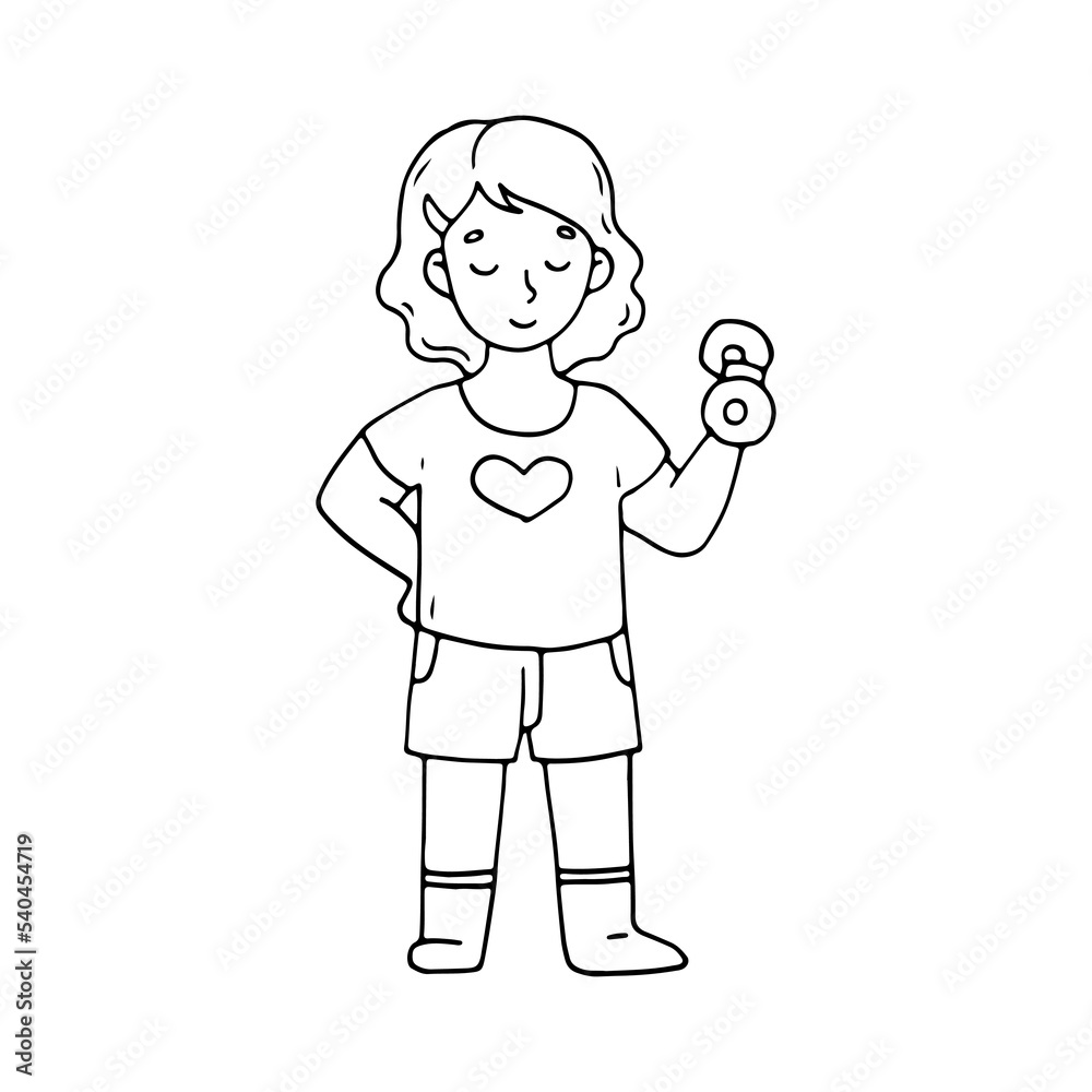 The girl does morning exercises. Exercise with dumbbells. Athletic and healthy person. Doodle. Vector illustration. Hand drawn. Outline. The girl does morning exercises. Exercise with dumbbells. Athletic and healthy person. Doodle. Vector illustration. Hand drawn. Outline.