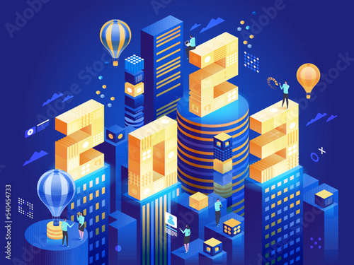 2023 Happy New Year. New innovative ideas. Digital technologies. Isometric technology for new year holiday posters and banners. Vector illustration with trendy geometric elements