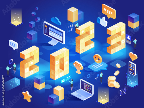2023 Happy New Year. New innovative ideas. Digital technologies. Isometric technology for new year holiday posters and banners. Vector illustration with trendy geometric elements