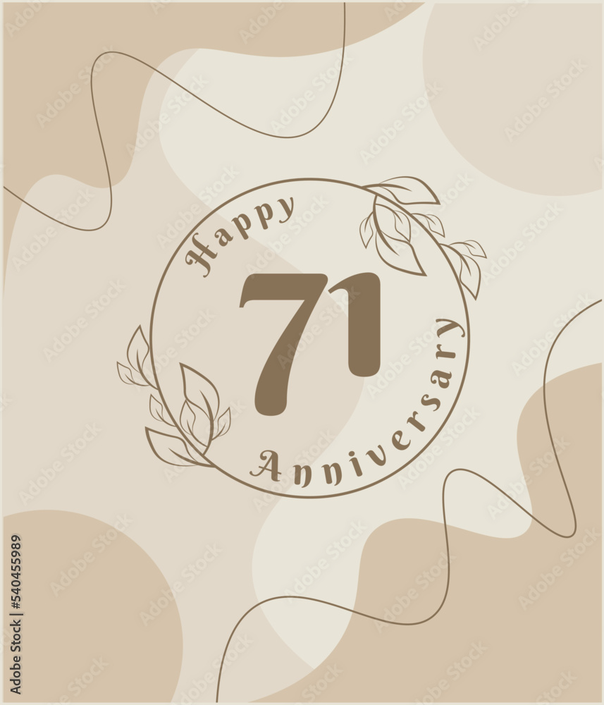 Obraz premium 71 year anniversary, minimalist logo. brown vector illustration on Minimalist foliage template design, leaves line art ink drawing with abstract vintage background.