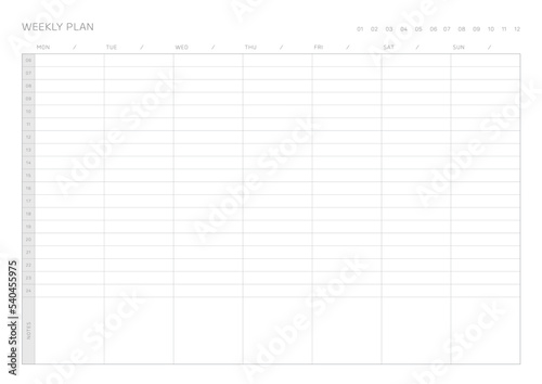 A weekly plan design template in a modern, simple, and minimalist style. Note, scheduler, diary, calendar, planner document template illustration.