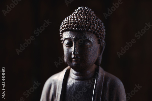Meditating Buddha Statue on dark background. Soft focus. Close up. Copy space.