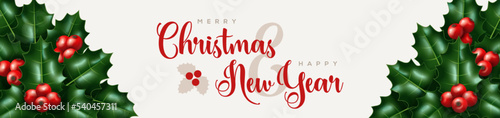 Merry Christmas and Happy New Year 2023 Banner Header with Holly Ilex Branches on White Background. Vector illustration. Winter floral holiday design, poster, flyer, voucher. Mistletoe berries leaves