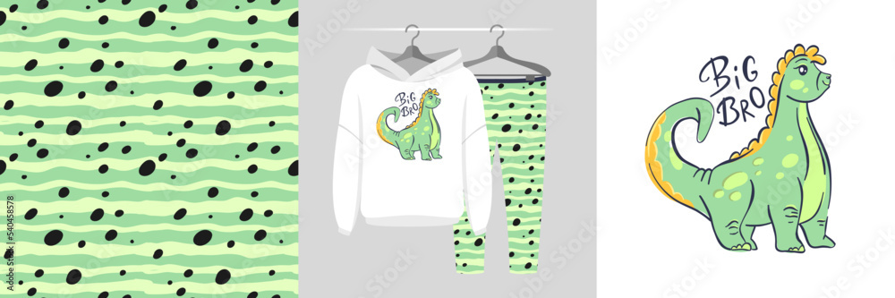 Seamless pattern and illustration for a kid with dinosaur, text Big Bro. Cute design pajamas on the hanger. Baby background for fashion wear, t-shirt print, baby shower, wrapping