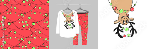 Seamless Christmas pattern and illustration for kid - deer with decorations on his horns. Cute design on pajamas mockup. Baby background for clothes wear, room decor, t-shirt, invitation, wrapping