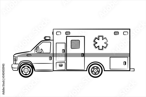 A hand drawn line art of a ambulance. Isolated medical van template on white background. Outline vehicle, side view.  Modern flat vector illustration. 