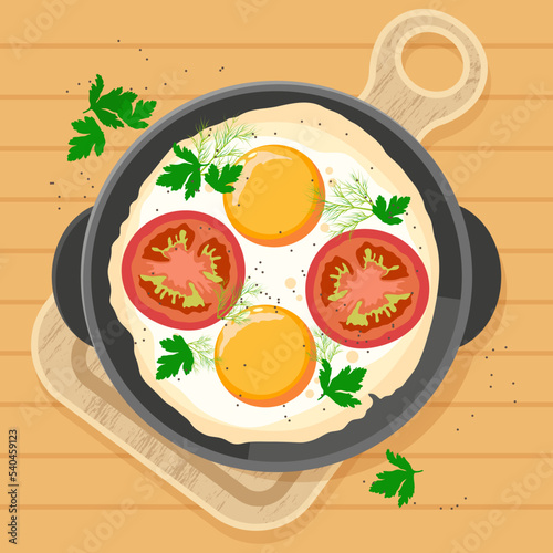 Hot lunch with fried eggs and red tomato slices in a round pan, seasoned with fresh parsley and spices