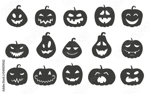 Collection of funny Halloween pumpkins silhouettes isolated on a transparent background