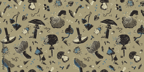 Seamless pattern with mushrooms. Silhouette graphics on a forest theme: leaves, beetles, moth, earthworm, berry, acorn, snail. Fly agaric, chanterelle, grebe, porcini mushroom in pastel tones.