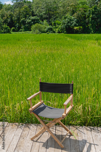 camping chair on the wooden balcony among paddy field for background and wallpaper