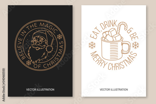 Set of Merry Christmas and Happy New Year flyer, brochure, banner, poster with snowflakes, mug of hot chocolate with marshmallows, sweet candy, santa claus. Vector. Line art design for xmas, new year