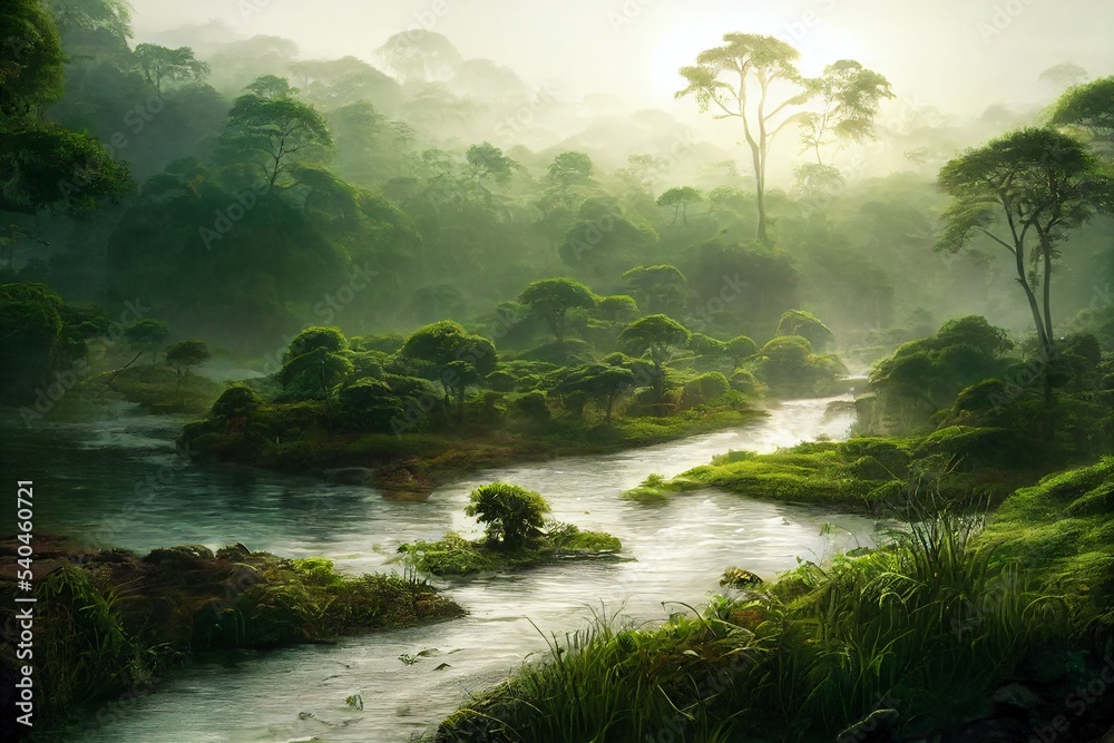 sunrise rainforest panorama, african jungle river with tropical vegetation,  exotic fantasy landscape, fictional landscape created with generative ai  Illustration Stock