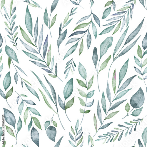Watercolor seamless pattern with vintage branches and leaves. Repeatable background with prehistoric greenery