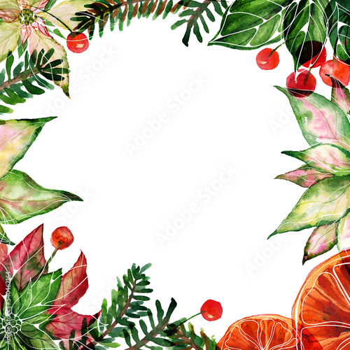 Christmas text space square frame with watercolor poinsettia and oranges and red berries