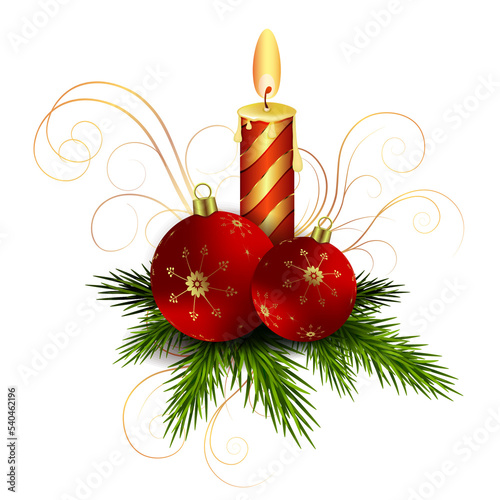 Christmas composition with a burning candle, two red Christmas balls and Christmas tree twigs.