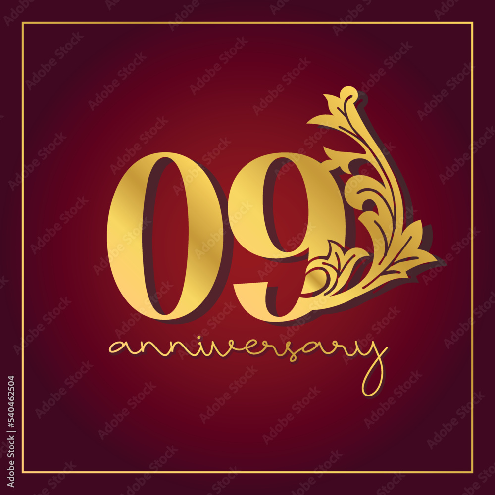 09th Anniversary celebration banner with  on red background. Vintage Decorative number vector Design.