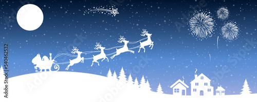 Santa Claus flyin on Christmas sleigh over the houses and gives gifts, delivers gifts in the night, Christmas card decoratin – stock vector