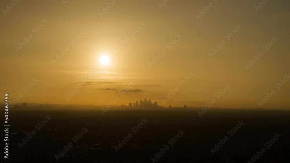 Aerial Panning Time Lapse Shot Of Office Buildings In Financial District During Sunrise In City - Los Angeles, California Aerial Panning Time Lapse Shot Of Office Buildings In Financial District During Sunrise In City - Los Angeles, California