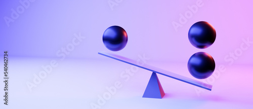 Imbalance, inequality or instability concept with libra, scale, balls or black globes in realistic purple studio interior, 3d rendering illustration photo