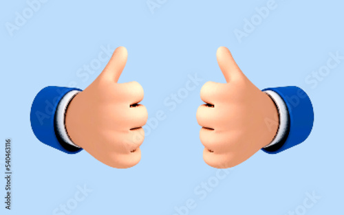 Two 3D cartoon hands show a gesture thumb up isolated on blue background. Hand thumb up or like sign. Vector 3d illustration
