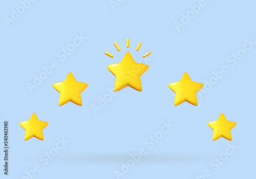 Five yellow stars isolated on blue background. Customer review and rating concept. Vector 3d illustration