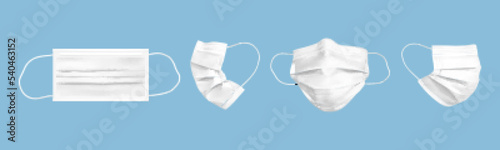 Medical mask set isolated on blue background. White mockup protective face mask or medical mask. Realistic vector illustration