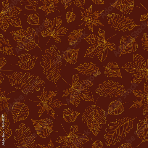 Seamless burgundy pattern with golden leaves