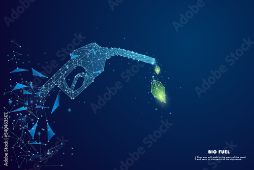 Abstract gas pump form lines and triangles, point connecting network on blue background. Gasoline pistol pump gun fuel nozzle fueling with plants and leaves. 