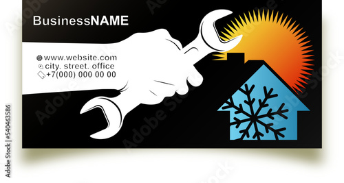 Wrench in hand. Sun and snowflake symbol. Air conditioner service and repair business card concept