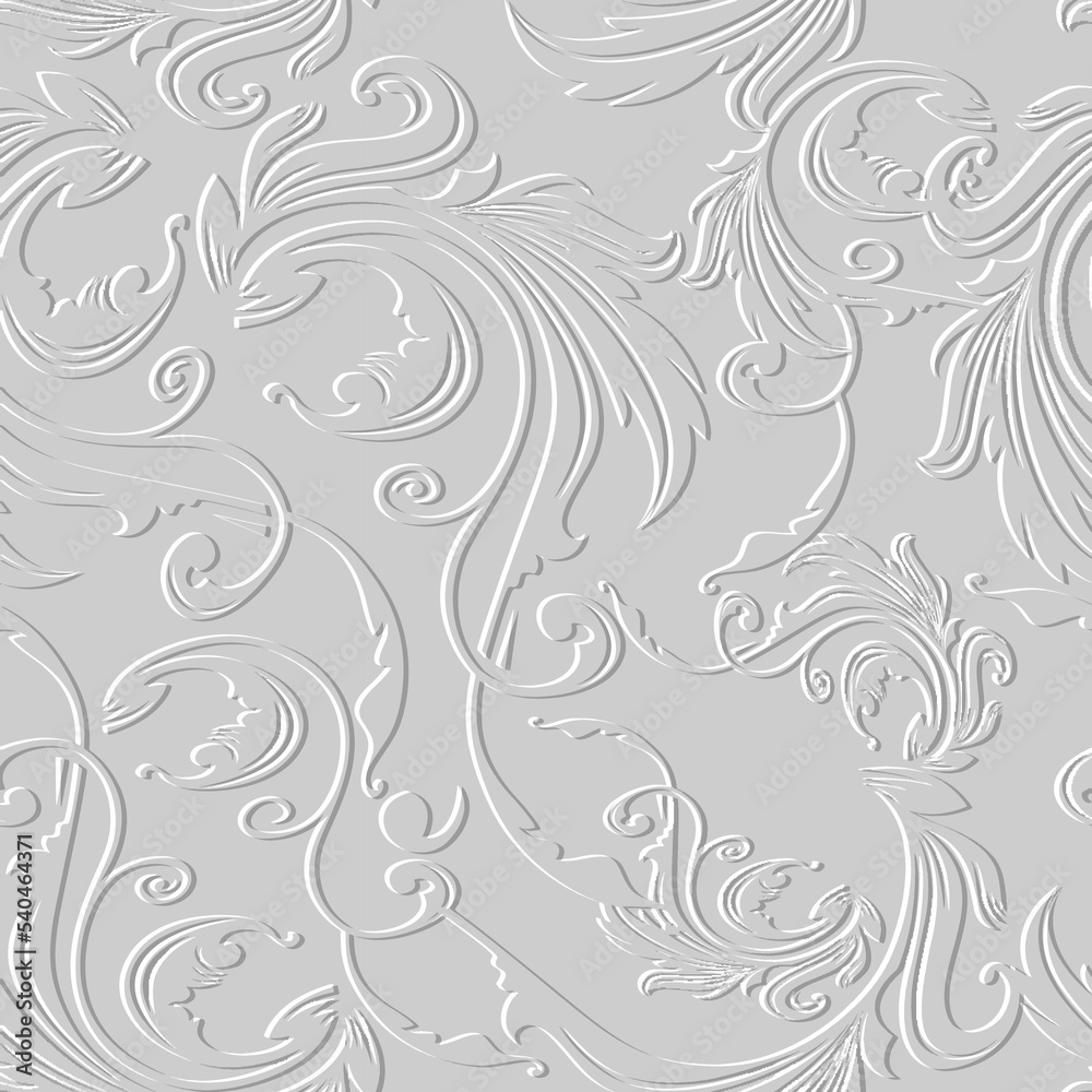 Floral Baroque white 3d seamless pattern. Vector embossed vintage background. Repeat emboss backdrop. Surface relief 3d flowers leaves ornament in Baroque style. Textured design with embossing effect