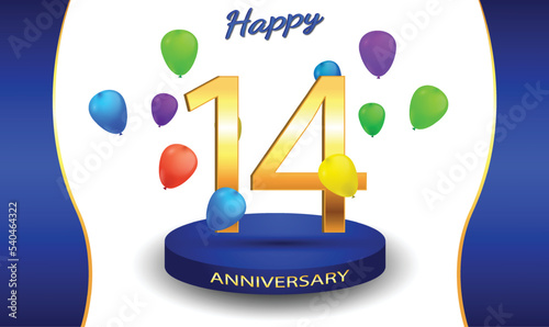 14 aniversary celebration background. 14th anniversary banner. 14 year anniversary celebration with podium and balloon on white background.