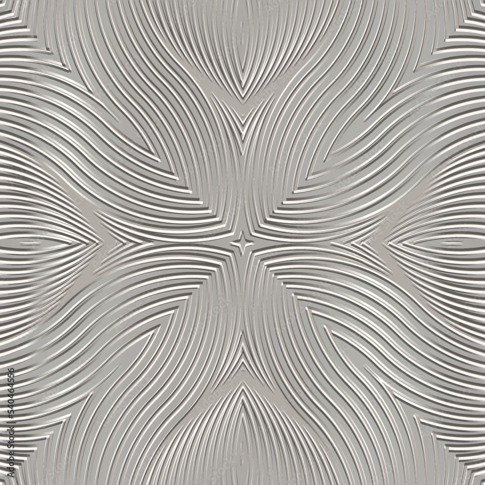 Wavy lines textured 3d seamless pattern. Vector embossed light background. Grunge relief repeat backdrop. Wavy lines and curves surface emboss ornaments. Beautiful elegant ornamental endless texture