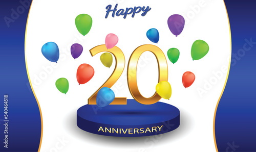 20 aniversary celebration background. 20th anniversary banner. 20 year anniversary celebration with podium and balloon on white background.