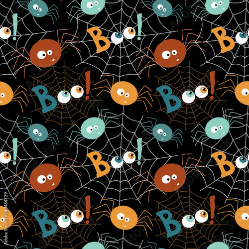 Dark Halloween seamless pattern with puzzled, skew spiders, cobwebs and Boo