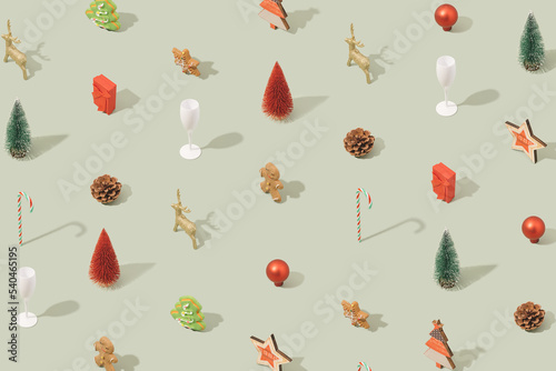 Christmas holiday pattern. Xmas funny background. Ornaments  decoration  celebration isometric template.