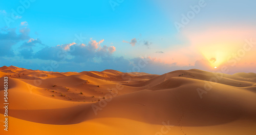 Sand dunes in the Sahara Desert  Merzouga  Morocco - Orange dunes in the desert of Morocco - Sahara desert  Morocco