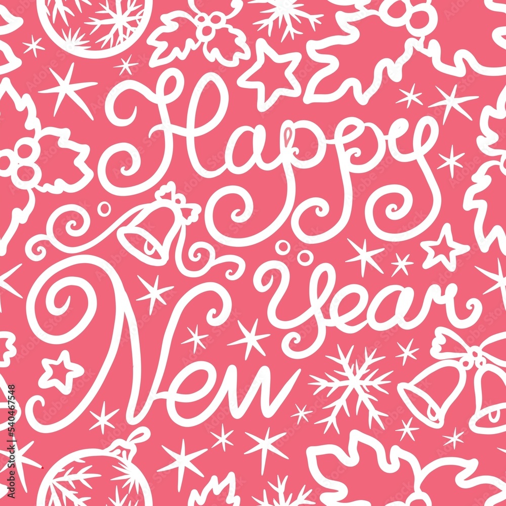 seamless pattern with hearts and happy new year lettering 